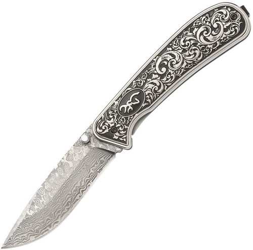 Browning Grand Pass Liner Lock (BR0580B) 3.5" Damascus Drop Point Blade Stainless and Black Scroll Work Handle