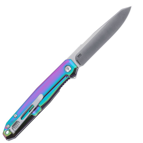 CRKT Facet K230PXP profile view showing 3.50 inch 12C27 satin drop point blade and iridescent TiN coated stainless steel handle with rainbow bead fob.