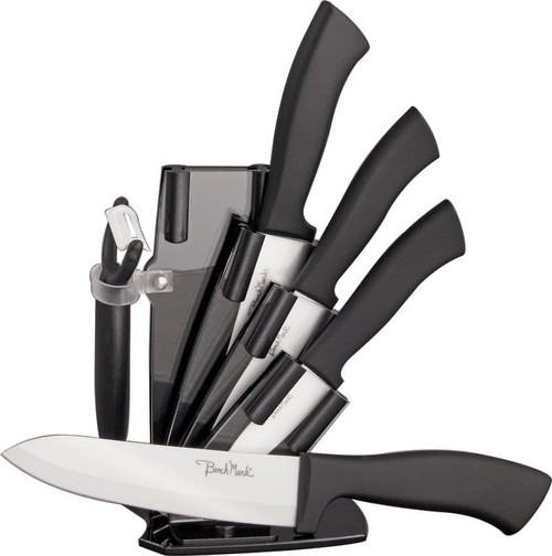 Benchmark Ceramic Kitchen Knife Set – 6 Piece, White Ceramic Blades, Black Rubber Handles, Storage Block
