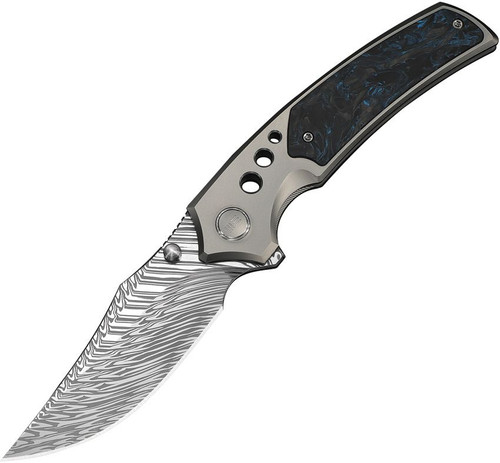 WEKNIFE Skynix Flipper & Thumb Stud Knife Gray Titanium Handle With Black & Blue Carbon Fiber Inlay (3.7" Fafnir Damasteel Blade) WE24087-DS1