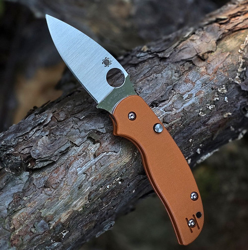 Spyderco Sage 6 C123GPBO121 burnt orange G-10 handle open view showing CPM REX 121 satin blade and button-release compression lock