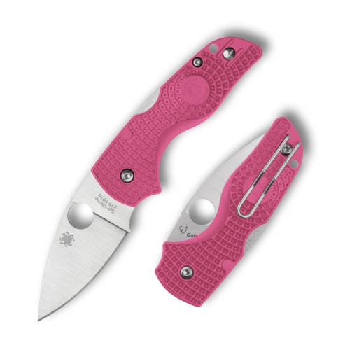 Spyderco Lil Native Lightweight C230PPN pink FRN handle open view showing CTS-BD1N satin leaf-shape plain blade