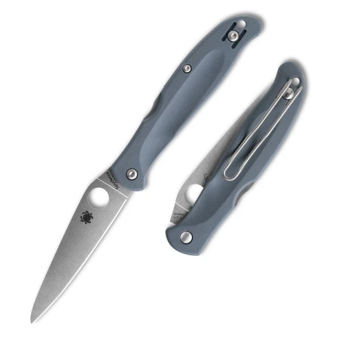 The Spyderco Charisma C259PGY is shown open and closed side by side on a white background. The open knife displays the leaf-shaped blade with its Spyderco Round Hole and bug logo, and the closed knife shows the grey FRN handle's grooved texture, wire pocket clip, and Golden, USA blade stamp.