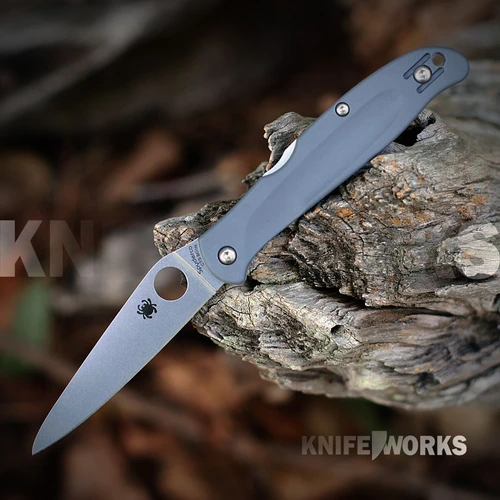 The Spyderco Charisma C259PGY is shown open and closed side by side on a white background. The open knife displays the leaf-shaped blade with its Spyderco Round Hole and bug logo, and the closed knife shows the grey FRN handle's grooved texture, wire pocket clip, and Golden, USA blade stamp.