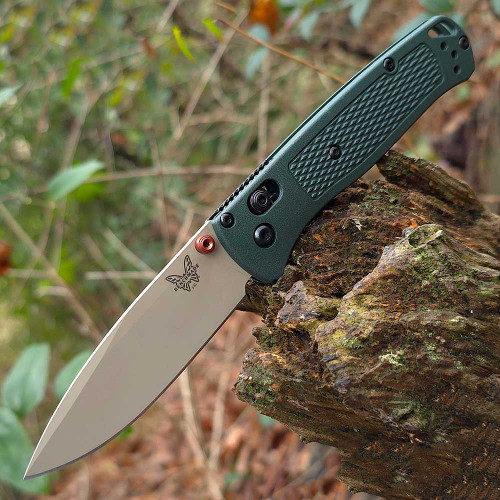 Benchmade Bugout 535TN-2601 Elmax Tan Cerakote drop point blade open Taiga Green