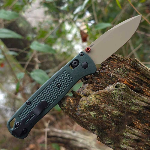 Benchmade Seasonal Bugout 535TN-2601 with 3.24" Elmax Tan Cerakote plain blade and Taiga Green Grivory handle, open view
