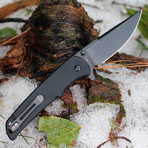 Black coated 440A stainless steel blade with thumb stud