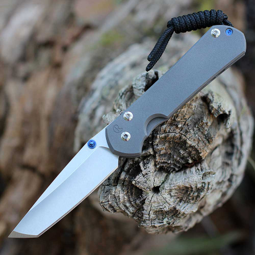 Chris Reeve Small Sebenza 31 S31-1010 open — CPM MagnaCut stonewashed tanto, sandblasted 6AL4V titanium, blue hardware, Reeve Integral Lock