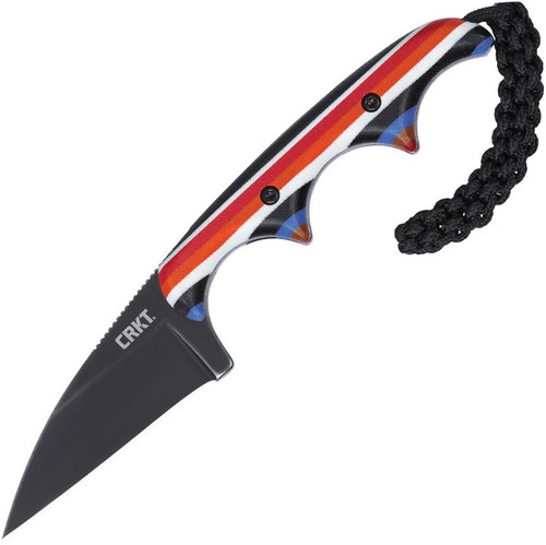 CRKT Minimalist 2385G profile view showing 1.98 inch D2 Wharncliffe blade and multi-colored G-10 handle with finger grooves.