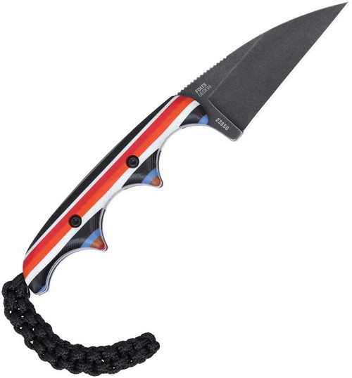 CRKT Minimalist 2385G profile view showing 1.98 inch D2 Wharncliffe blade and multi-colored G-10 handle with finger grooves.