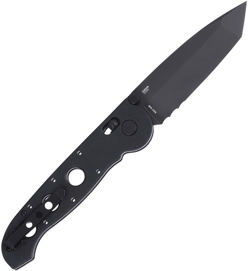 CRKT M16-14XK Big Dog profile view showing 3.97 inch D2 black stonewashed tanto blade with Veff Serrations and black Grivory handle.