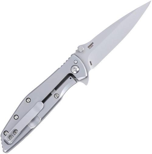 CRKT Slag 7600 profile view showing 2.95 inch D2 bead blast drop point blade and stainless steel frame lock handle.