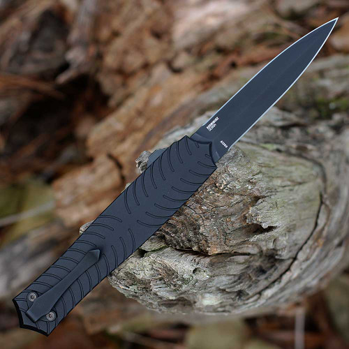 CRKT Xolotl OTF Auto 5335 profile view showing 3.50 inch MagnaCut black double-edge dagger blade and sculpted black aluminum handle.