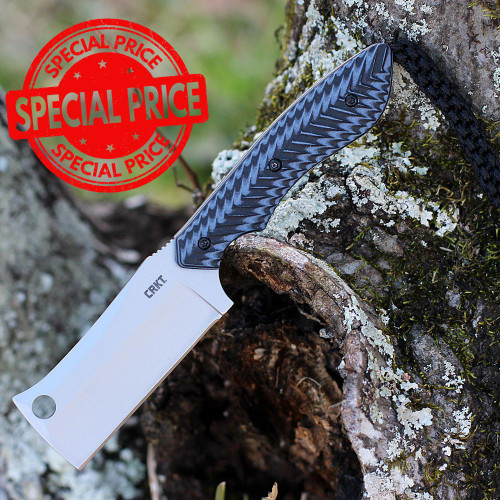 CRKT S.P.E.C. 2396 profile view showing 2.44 inch 8Cr13MoV bead blast cleaver blade and black and blue G-10 handle.