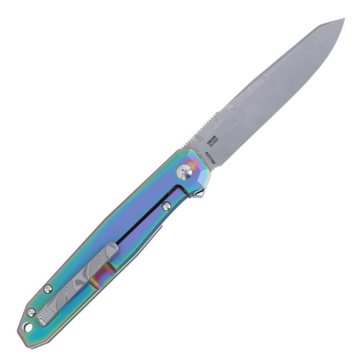 CRKT Facet K231TDP profile view showing 3.37 inch 110-layer Damascus reverse tanto blade and iridescent titanium handle with rainbow fob.