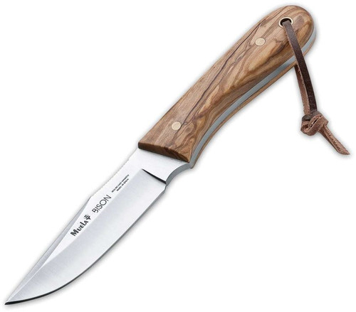 Muela Bison Olive 02MU008 full-tang fixed blade hunting knife olive wood handle 3.5 inch 4116 stainless satin clip point blade with leather sheath