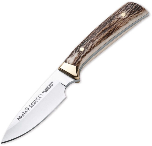 Muela REBECO-9A 02MU031 fixed blade hunting knife deer stag antler handle 3.54 inch MoVa stainless satin drop point blade with brown leather sheath