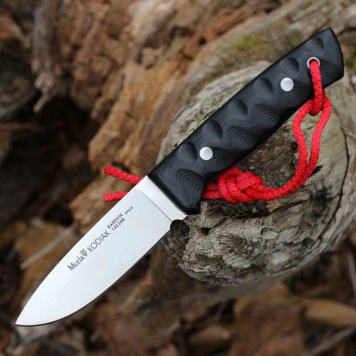 Muela Kodiak Black Micarta 02MU083 full-tang fixed blade hunting knife 4.1 inch Sandvik 14C28N stainless satin drop point blade with black leather sheath