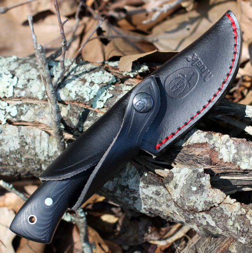 Muela Rhino-9M 02MU093 3.54 inch Sandvik 14C28N Satin Drop Point Full Tang Black Micarta Handle Black Leather Sheath Spain