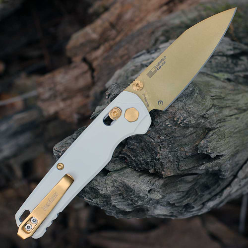The Kershaw Bel Air Pope White being deployed highlighting the smooth KVT ball-bearing action and 7.25-inch overall length.