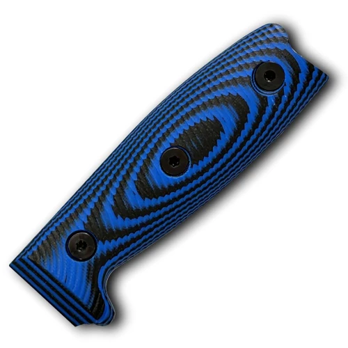 The ESEE 4 Replacement Handle (ESEE4-3D-008) shown with its 3D-contoured blue and black G-10 scales, designed as a precision-fit upgrade or replacement for the ESEE-4 platform.
