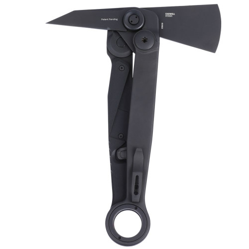 CRKT Provoke X Morphing Axe 4141KX profile view showing deployed SUJ2 black TiN axe head, spike, and black stainless steel handle with Kinematic arms.