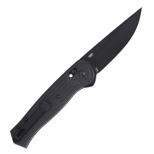 CRKT Sero 7140K profile view showing 3.02 inch S35VN black titanium nitride drop point blade and textured black GRN handle with Crossbar Lock.