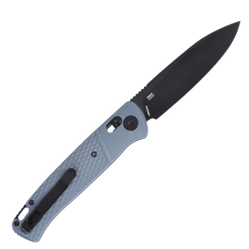 CRKT Counterpart K570GXP profile view showing 3.38 inch 12C27 black oxide drop point blade and gray GRN handle with Crossbar Lock.