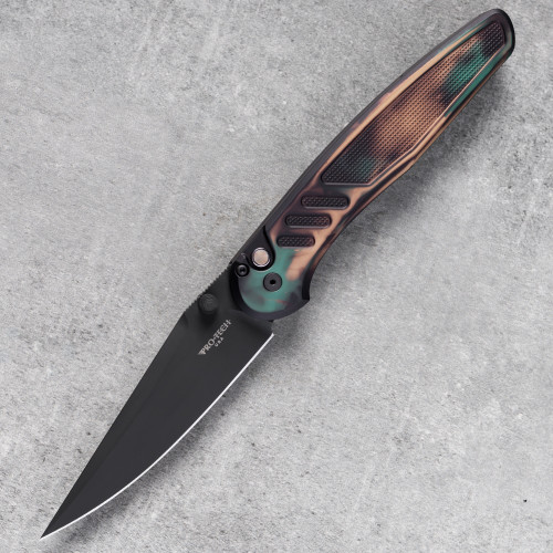 Pro-Tech Avalon PN1103-SHIPWRECK shown closed in side profile against a light neutral background. The Shipwreck multicolor finish on the aluminum handle is clearly visible — copper, orange, and earthy tones over the knurled aluminum — contrasting against the DLC black CPM MagnaCut blade.