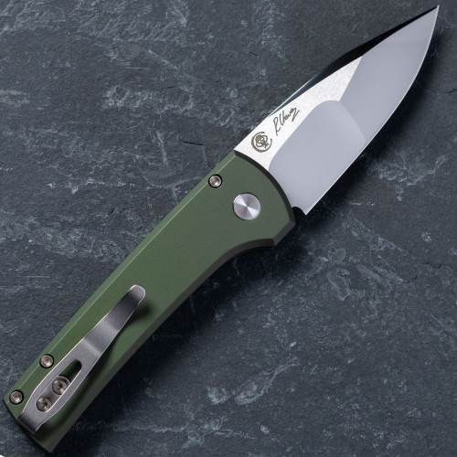 Pro-Tech Scapegoat Compact Auto with green aluminum handle and mirror polished blade back view