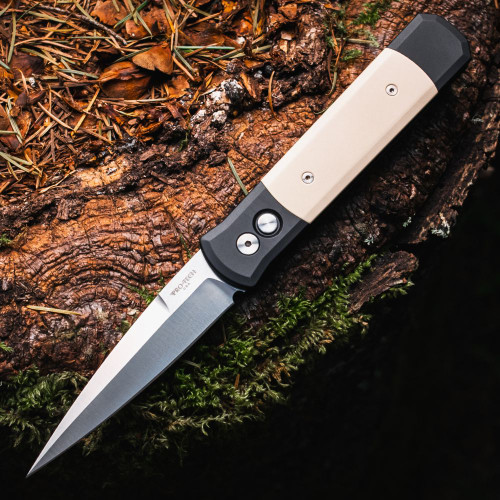 Pro-Tech Godfather Tuxedo automatic knife with 4 inch satin 154CM blade open view