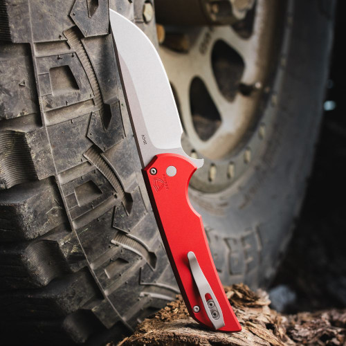 Pro-Tech Mordax red button lock knife with 3.6 inch stonewash 20CV blade open view
