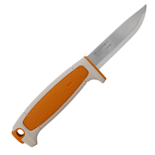 Front view of Mora Risberg fixed blade knife with orange and white handle