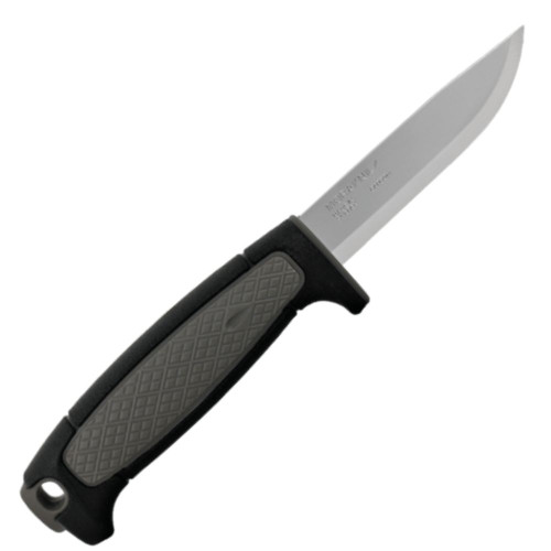 Front view of Mora Risberg fixed blade knife with Black and Gray handle
