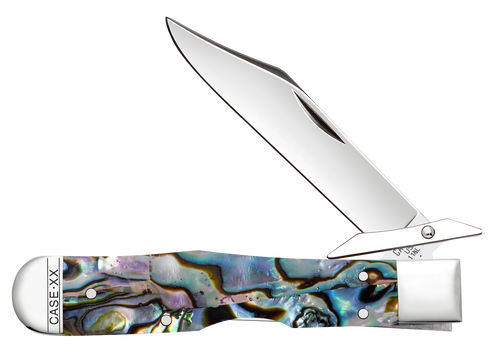 Front view of Case Cheetah Cub knife with abalone handle and polished blade