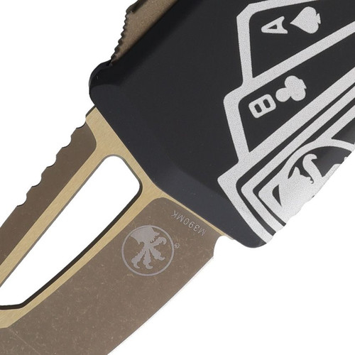 Microtech Exocet M390MK blade apocalyptic finish close-up