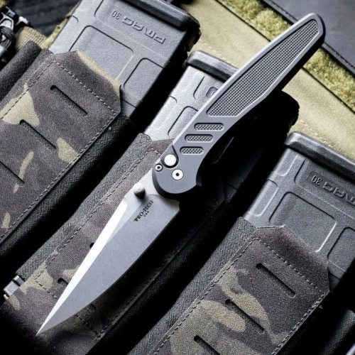 Pro-Tech Avalon 4.25 inch CPM-MagnaCut drop point blade open, stonewash finish, button lock engaged