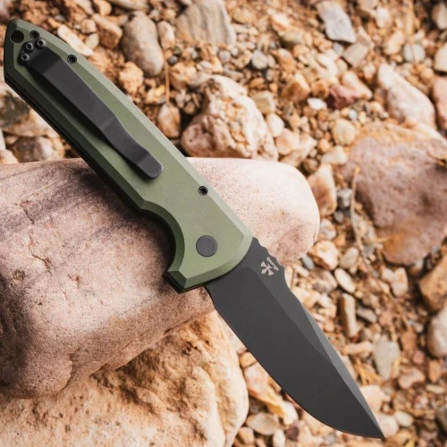 Pro-Tech Rockeye 3.385 inch DLC black CPM-MagnaCut clip point blade open, push button auto deployed