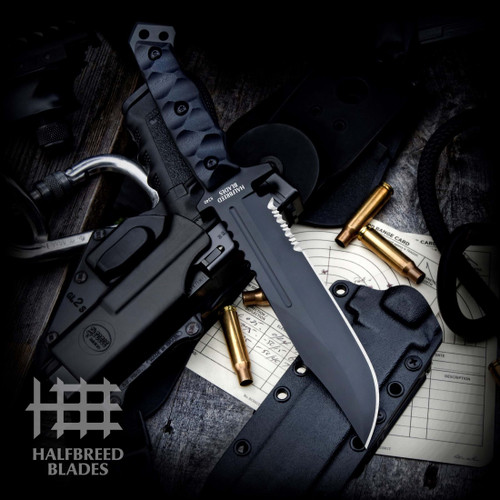 Halfbreed Blades BLIK-01 Gen 2 Large Infantry— 11.75" all-black fixed blade with sculpted G10 handle and matte Teflon-coated clip point blade