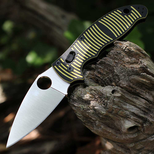 Spyderco Manix 2 Salt C101GBKYLMCP2 open — CPM MagnaCut satin clip point blade, black and yellow G-10 handle, Ball Bearing Lock