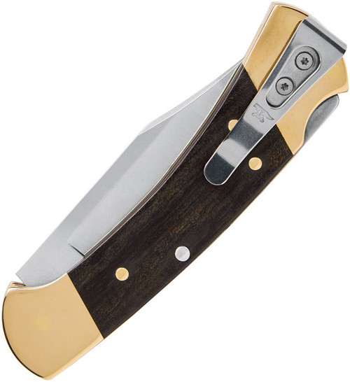 Buck 112 Slim Elite Heritage Brass BU112BRS19 — satin CPM MagnaCut clip point, dark wood handle, polished brass bolsters, lockback closed position