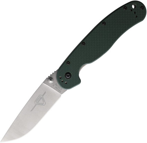 Ontario RAT 1 Linerlock ON8992 folding knife shown open at an angle, displaying the stonewash CPM-S35VN drop point blade and forest green G10 handle scales against a white background.