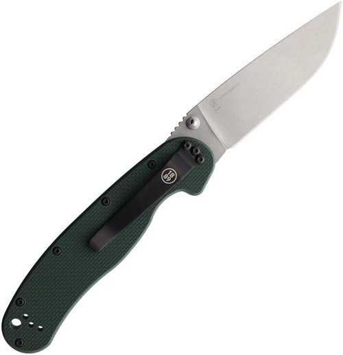Ontario RAT 1 Linerlock ON8992 folding knife shown open from the side, with the full blade and forest green G10 handle visible, clip side up, against a white background.
