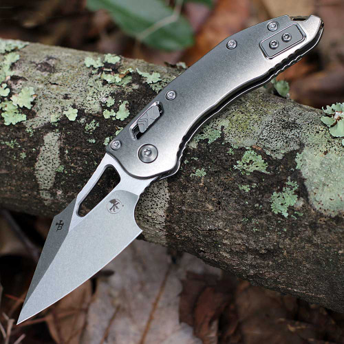 Microtech Mini Stitch RAM-LOK 169MRL-10MS1 open — Bohler M390MK stonewash spear point blade, stonewash slab side titanium handle, bronze titanium accents