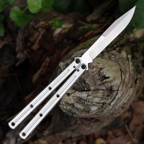 Squid Industries Krake Raken V3 Weehawk KRAKERAKEN WEEHAV3-SLV — 4.50 in AEB-L matte satin weehawk blade deployed, silver aluminum balisong handles open
