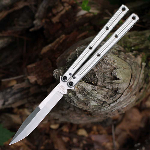Squid Industries Krake Raken V3 Weehawk KRAKERAKEN WEEHAV3-SLV open — AEB-L matte satin weehawk blade, silver textured 7075-T6511 aluminum channel handles