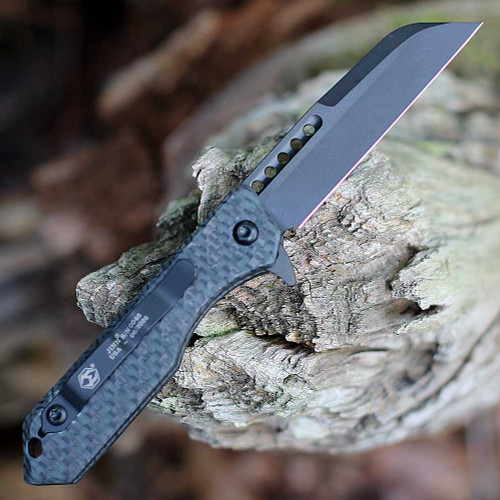 Heretic Knives Jinn Manual H213-6A-GLOCF open — CPM MagnaCut DLC black wharncliffe blade 3.0 in, glow-in-the-dark carbon fiber handle