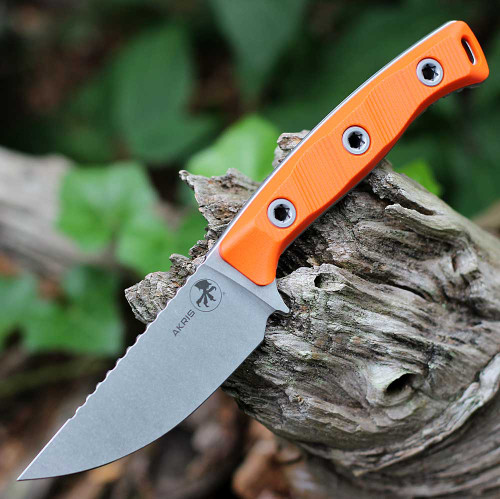 Microtech Akris - 3.70" Bohler M390MK Straight Back Stonewash Plain Edge Blade, Ember G-10 Handle, Leather Sheath- 95-10EM-1