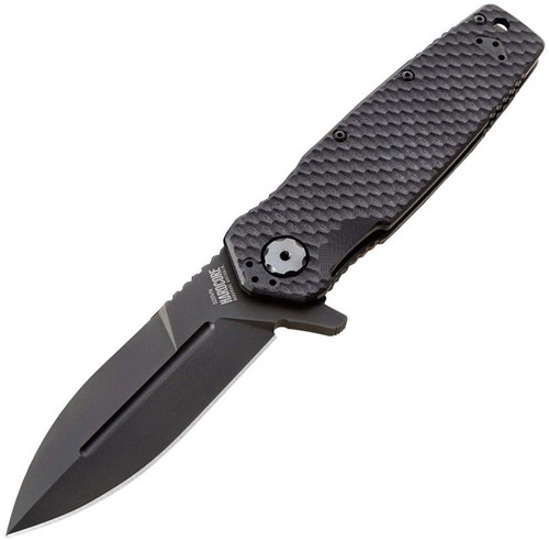 Hardcore Hardware Australia MILF-05 — 3.54" CPM-S35VN hollow grind spear point, black G-10 scales, 420 stainless frame lock, glass breaker pommel