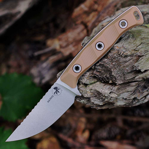Microtech Akris 95-10DE-1 — front view, 3.70" Bohler M390MK stonewash drop point blade, dark earth brown G-10 handle, full tang fixed blade